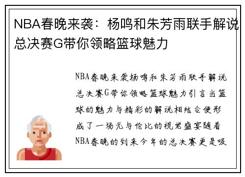 NBA春晚来袭：杨鸣和朱芳雨联手解说总决赛G带你领略篮球魅力
