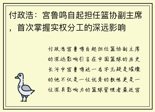 付政浩：宫鲁鸣自起担任篮协副主席，首次掌握实权分工的深远影响