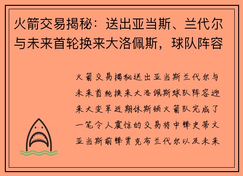 火箭交易揭秘：送出亚当斯、兰代尔与未来首轮换来大洛佩斯，球队阵容迎来大变革