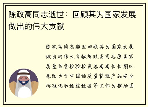 陈政高同志逝世：回顾其为国家发展做出的伟大贡献