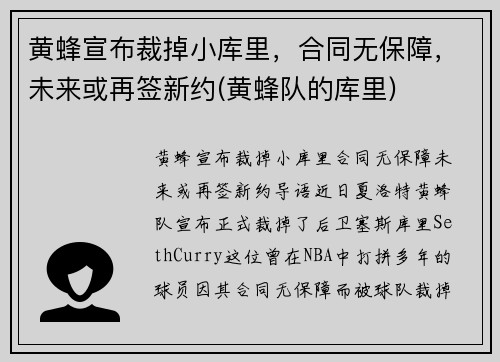 黄蜂宣布裁掉小库里，合同无保障，未来或再签新约(黄蜂队的库里)