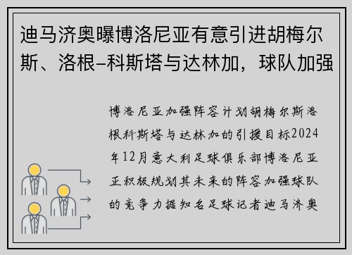 迪马济奥曝博洛尼亚有意引进胡梅尔斯、洛根-科斯塔与达林加，球队加强阵容计划曝光
