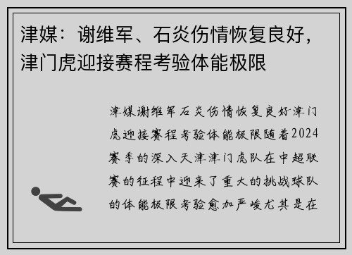 津媒：谢维军、石炎伤情恢复良好，津门虎迎接赛程考验体能极限