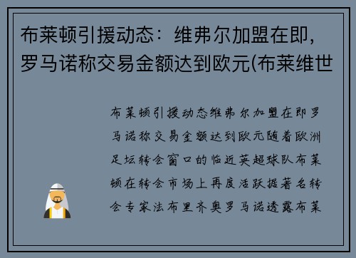 布莱顿引援动态：维弗尔加盟在即，罗马诺称交易金额达到欧元(布莱维世)