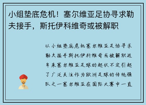 小组垫底危机！塞尔维亚足协寻求勒夫接手，斯托伊科维奇或被解职